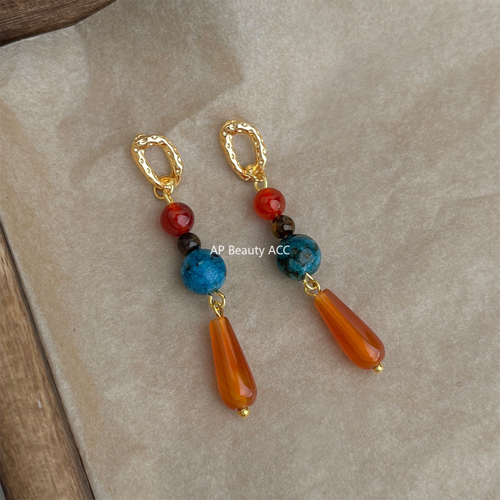 A廠-文藝復古設計師款天然石紅瑪瑙長款水滴流蘇新款耳環工廠耳環飾品「6929」25.10-3