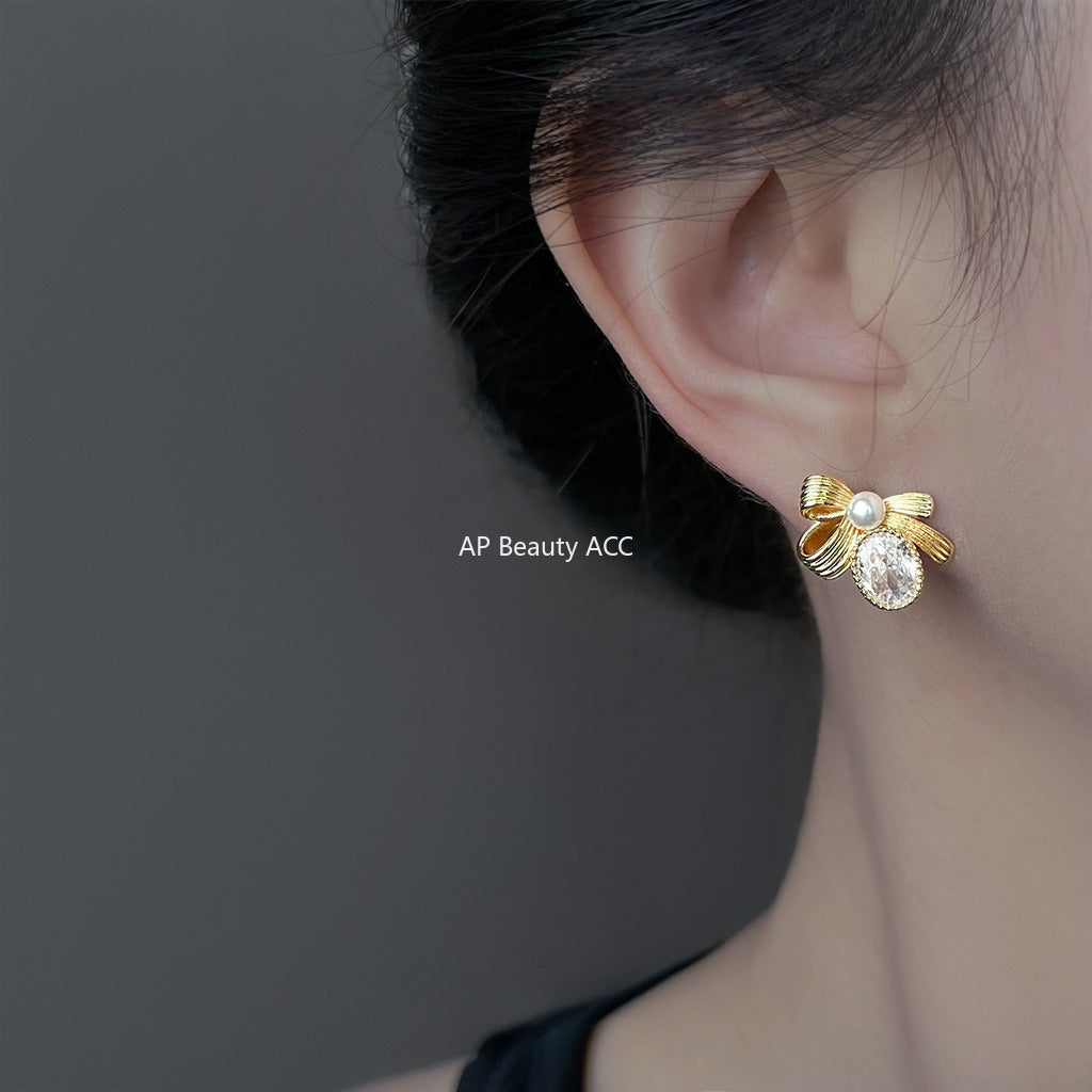 A廠-原創高級感微鑲鋯石925銀針蝴蝶結鵝蛋耳環 全新簡約輕奢風耳飾女「6913」25.10-2