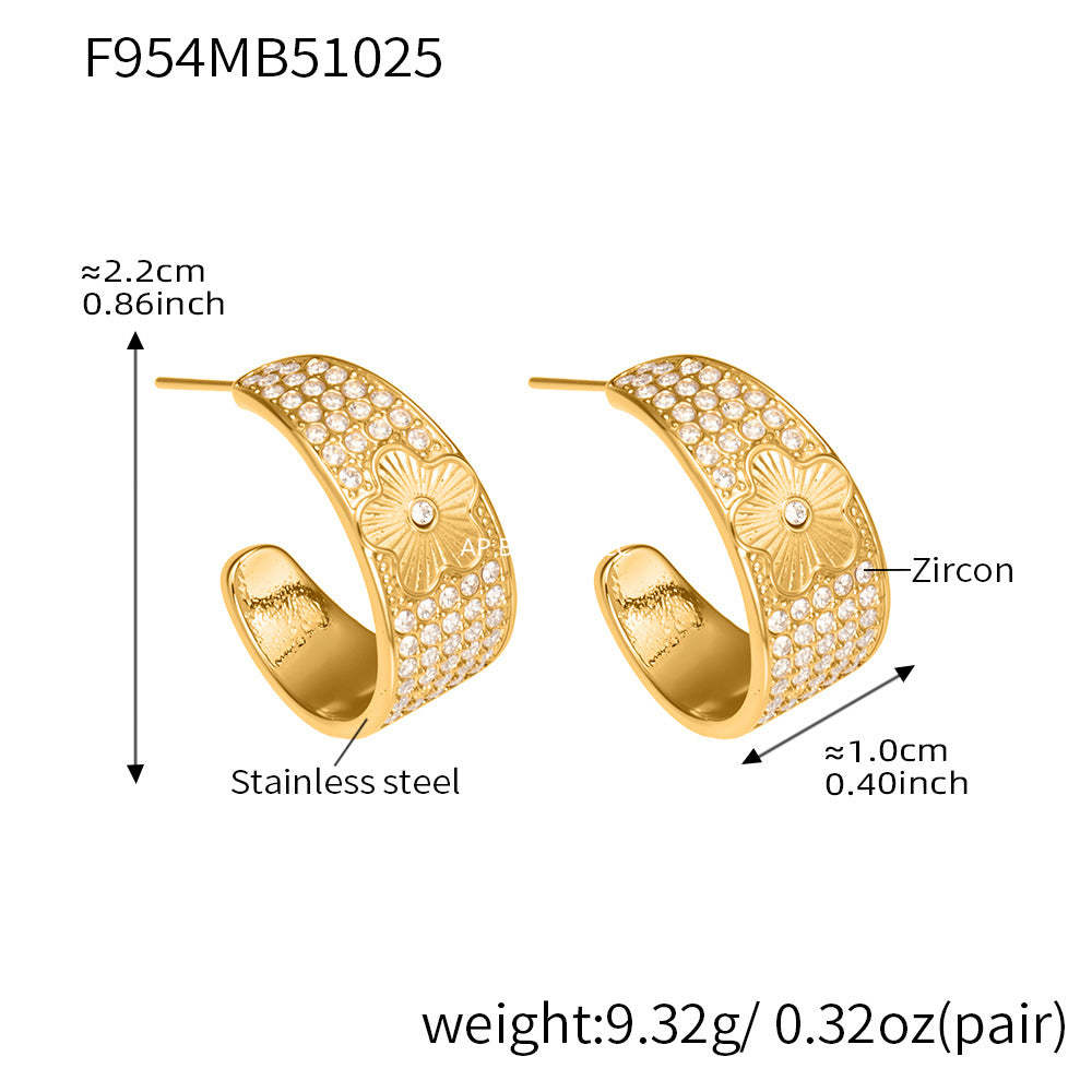 B廠-新款中古風滿鑽C型花點鋯石耳環不鏽鋼鍍18k金跨境珠寶首飾「F954-F983」25.10-5