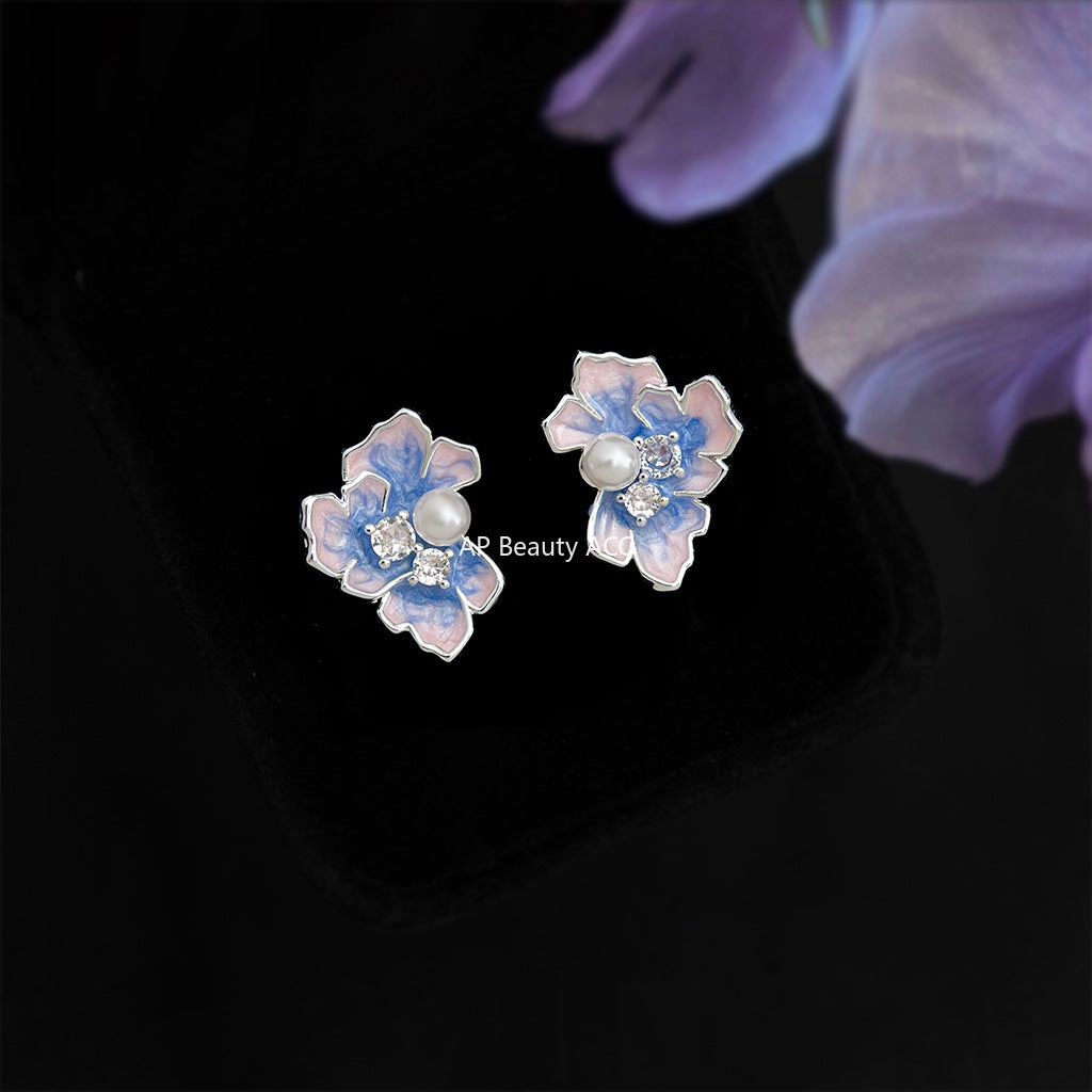 A廠-【鳶尾花系列】~原創925銀針微鑲鋯石琺瑯滴釉彩繪花朵耳環耳飾女「6863」25.10-1