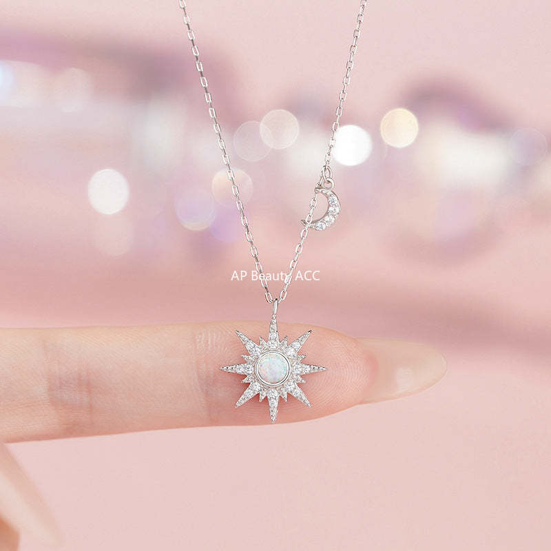 D廠-S925純銀八芒星月亮項鍊炫彩夢幻復古歐美精緻小眾鎖骨鏈批發「YC1445N_1」25.10-5