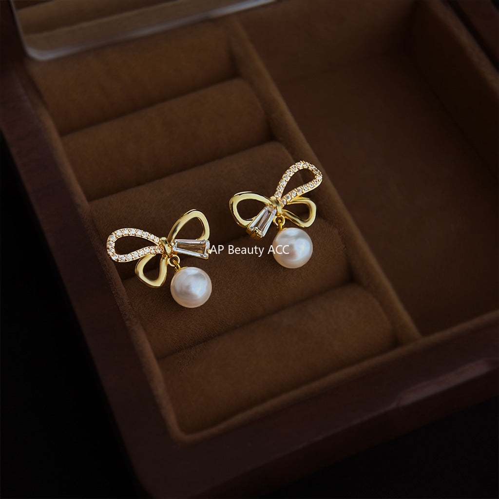 A廠-原廠微鑲鋯石925銀針鍍14K簡約時尚高級感通勤新款蝴蝶結耳飾耳釘「6908」25.10-2