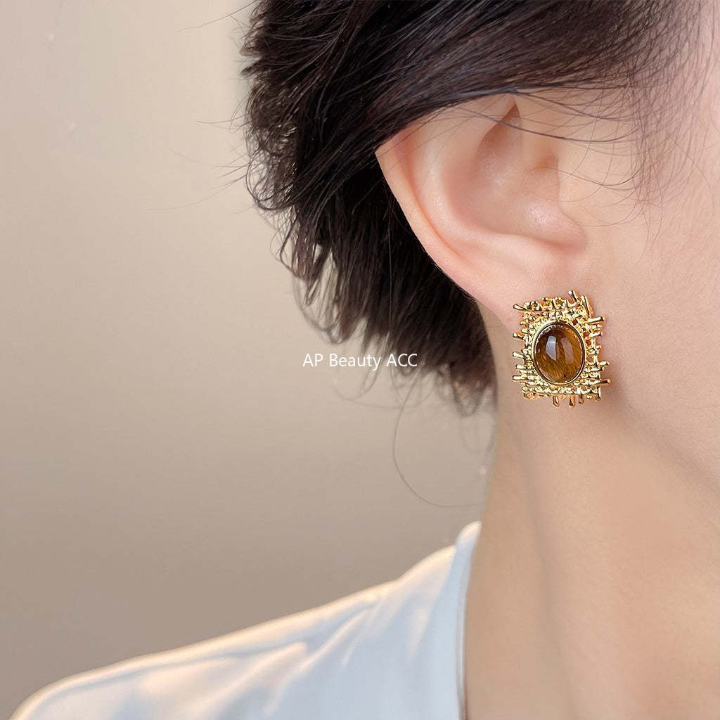 A廠-美拉德風虎眼石天然石設計師款不規則網狀秋冬新款耳飾工廠耳環女「6977」25.10-5