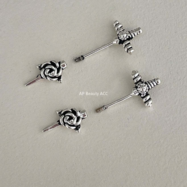 C廠-獨特冷淡風小手槍銀針耳釘女甜酷高級感玫瑰花十字架耳骨釘新耳飾「EH-4190」25.10-5