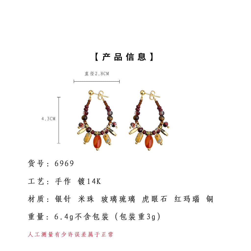 A廠-捷克琉璃手工設計感虎眼石天然石玻璃水晶新款民族風耳飾耳環「6969」25.10-5