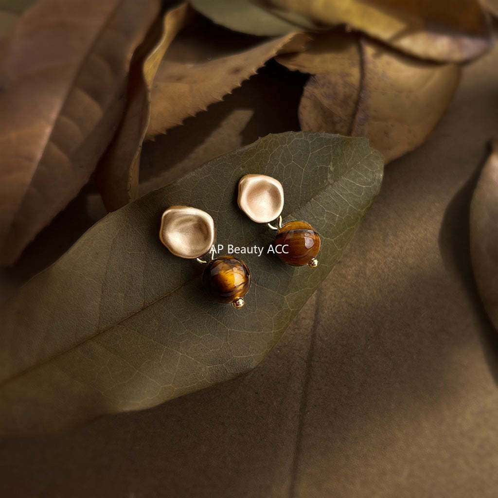 A廠-文藝復古天然石虎眼石925銀針時尚高級感簡約圓形幾何耳飾 耳環女「6994」25.10-5