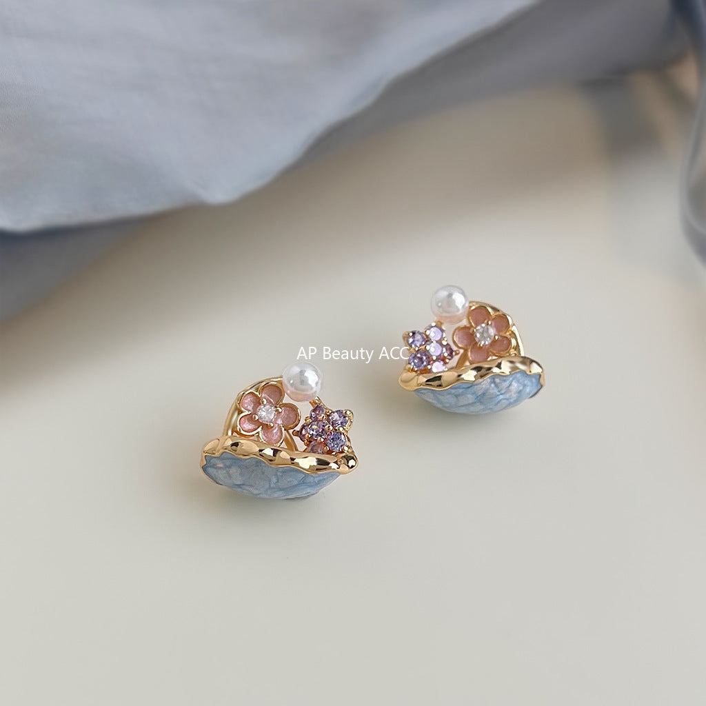 A廠-【花籃】原創森系清新甜美琺瑯滴釉彩繪花朵新款耳飾工廠耳環飾品「6865」25.10-1