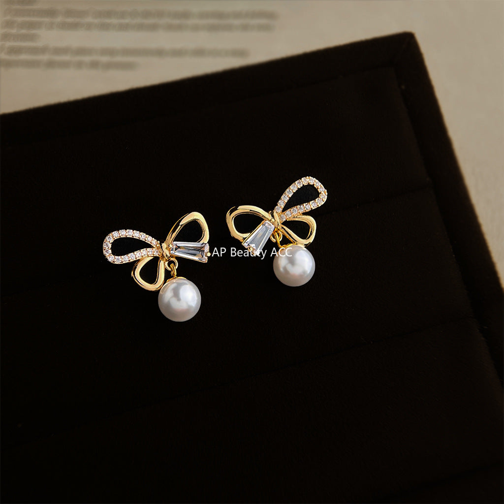 A廠-原廠微鑲鋯石925銀針鍍14K簡約時尚高級感通勤新款蝴蝶結耳飾耳釘「6908」25.10-2