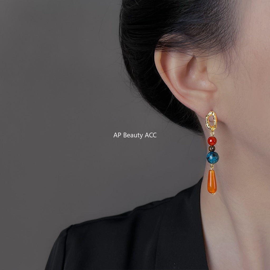 A廠-文藝復古設計師款天然石紅瑪瑙長款水滴流蘇新款耳環工廠耳環飾品「6929」25.10-3