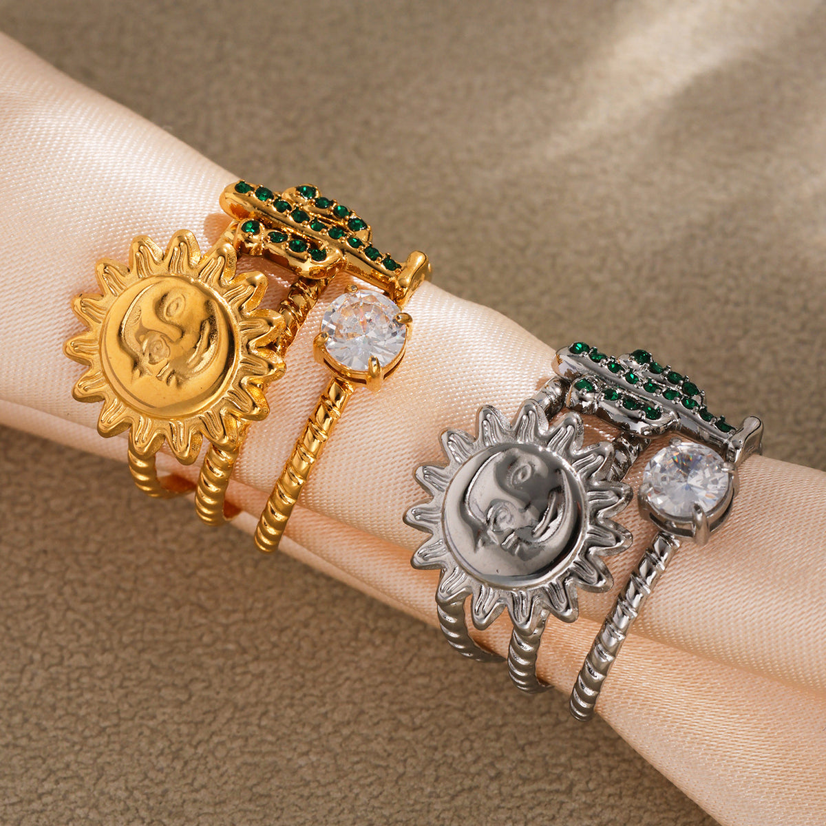 B廠-5A鋯石綠鑽仙人掌太陽女神戒指個性歐美風潮流不鏽鋼不掉色「A733」25.05-3