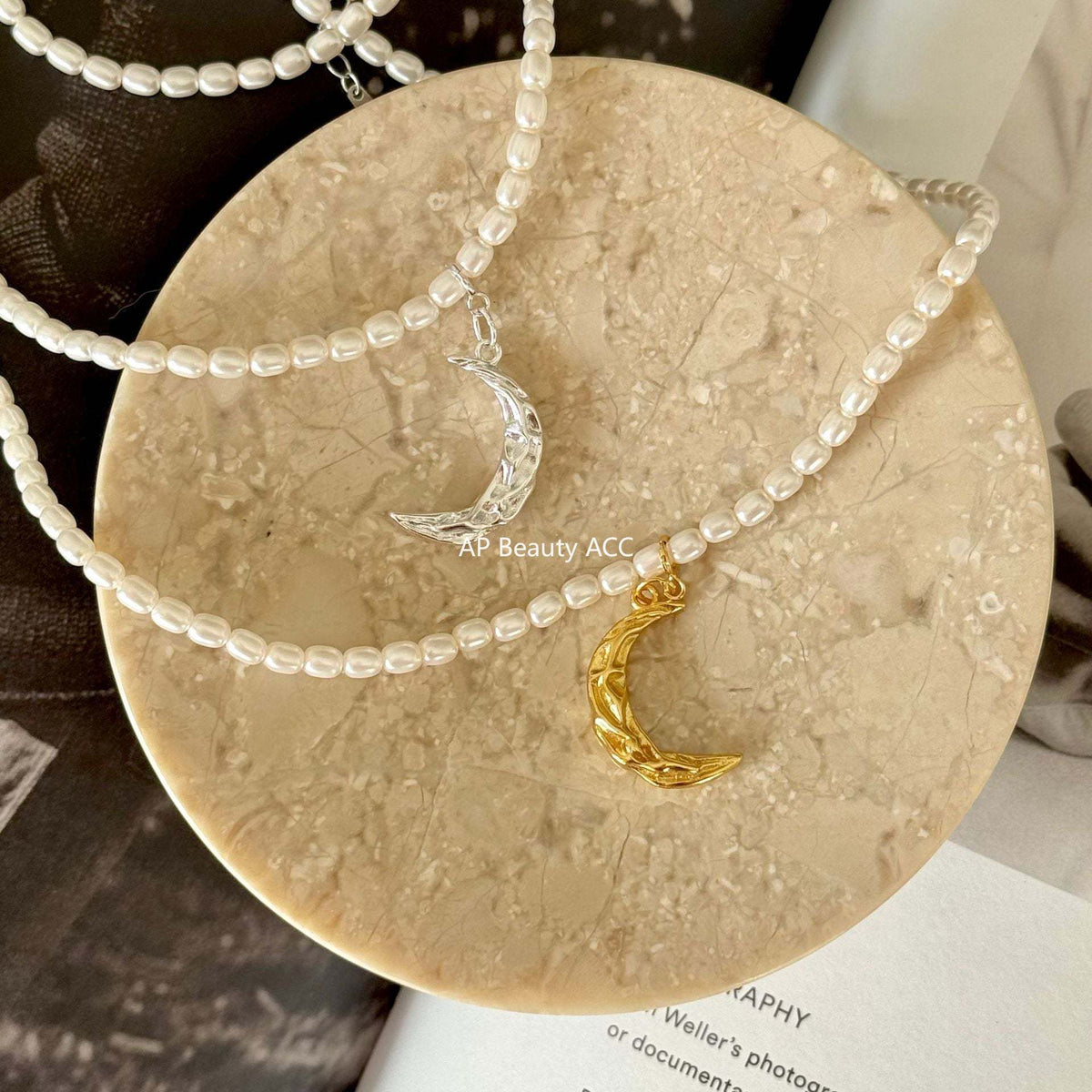 F廠-韓國韓版飾品925純銀項鍊褶皺波紋月亮人造珍珠項鍊頸鏈「B869」25.10-5