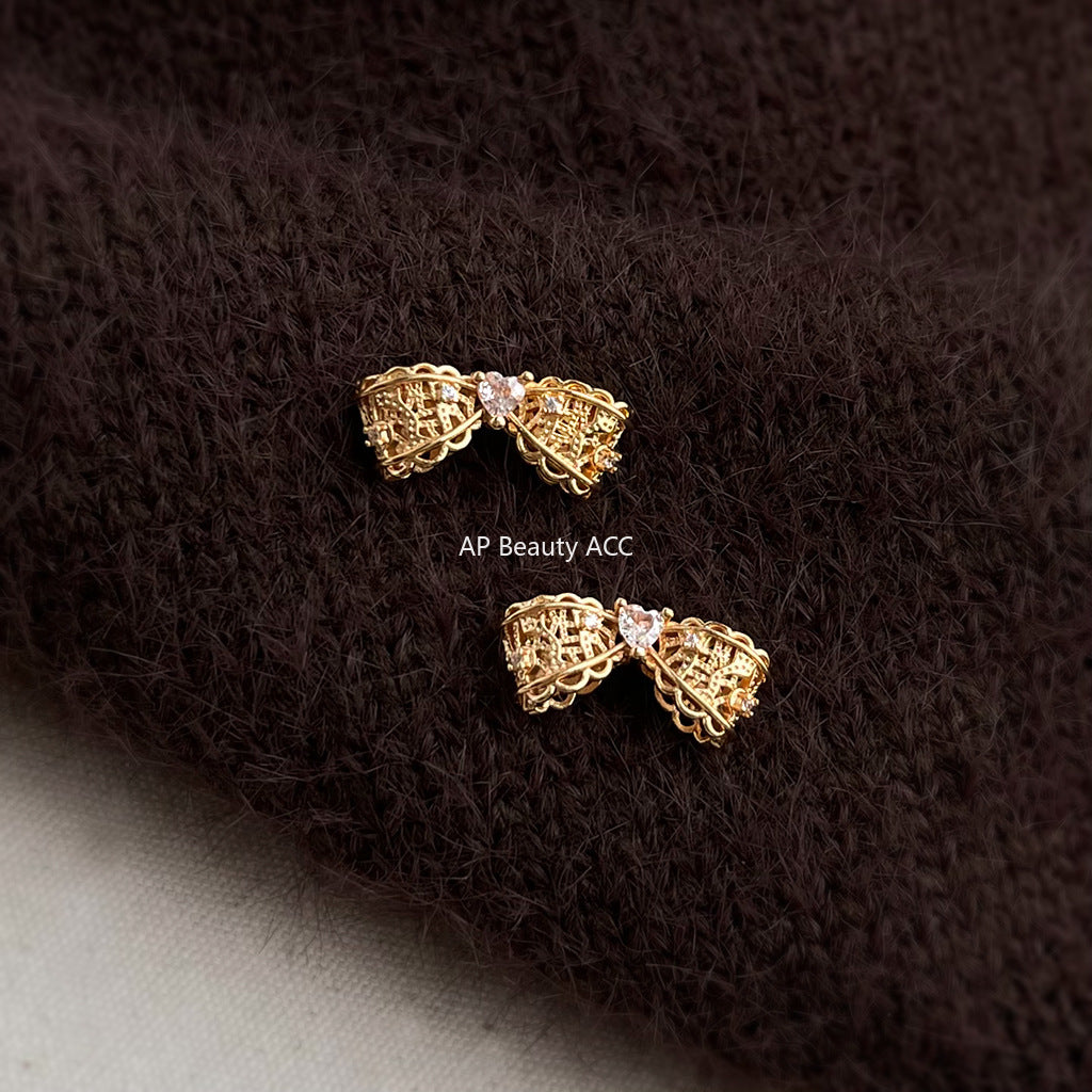 A廠-時尚老錢風微鑲鋯石925銀針蕾絲花邊鏤空蝴蝶結新款耳釘「6915」25.10-2