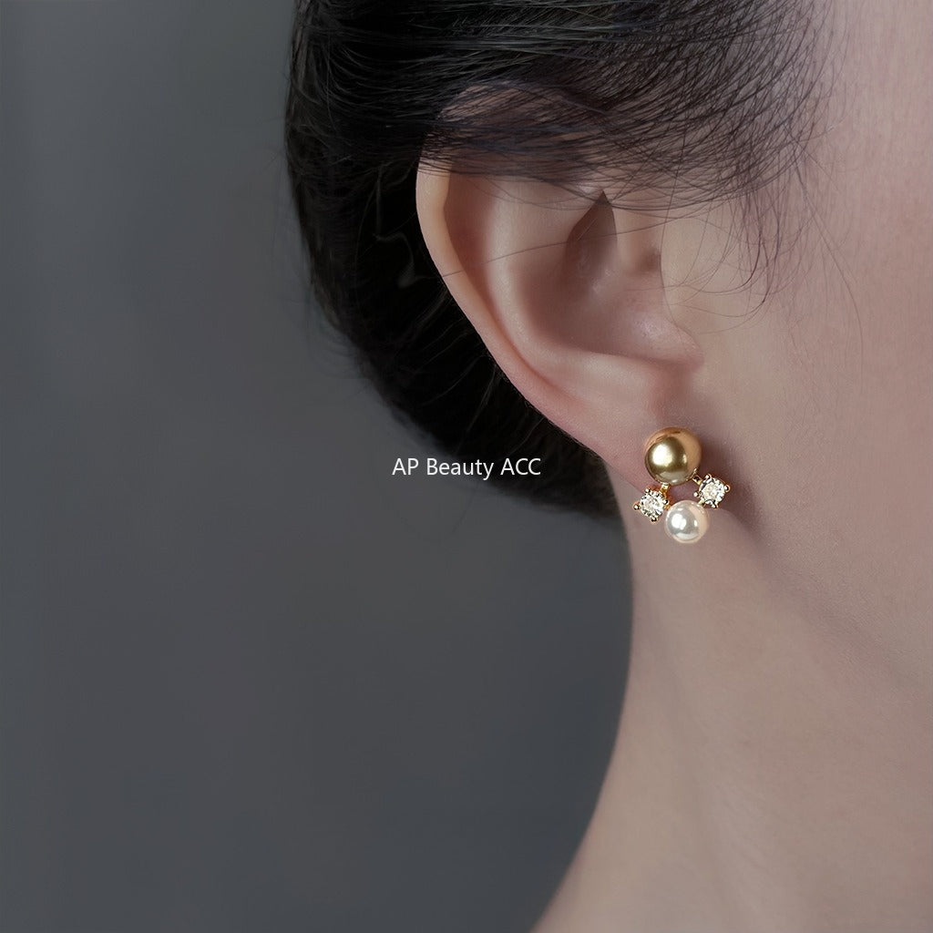 A廠-秋冬爆款咖啡珍珠美拉德風微鑲鋯石925銀針鍍14K珍珠耳環工廠耳飾「6925」25.10-3