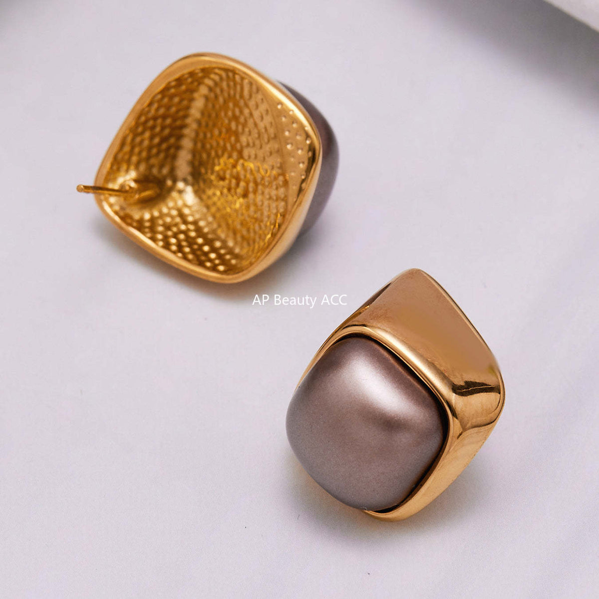 B廠-不鏽鋼幾何異形灰色仿珍珠耳釘小眾設計新款耳飾鍍18k真金「F629」25.10-5