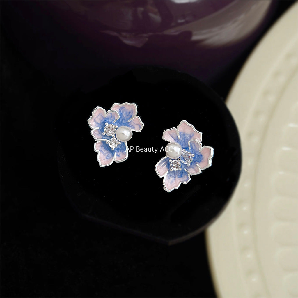 A廠-【鳶尾花系列】~原創925銀針微鑲鋯石琺瑯滴釉彩繪花朵耳環耳飾女「6863」25.10-1