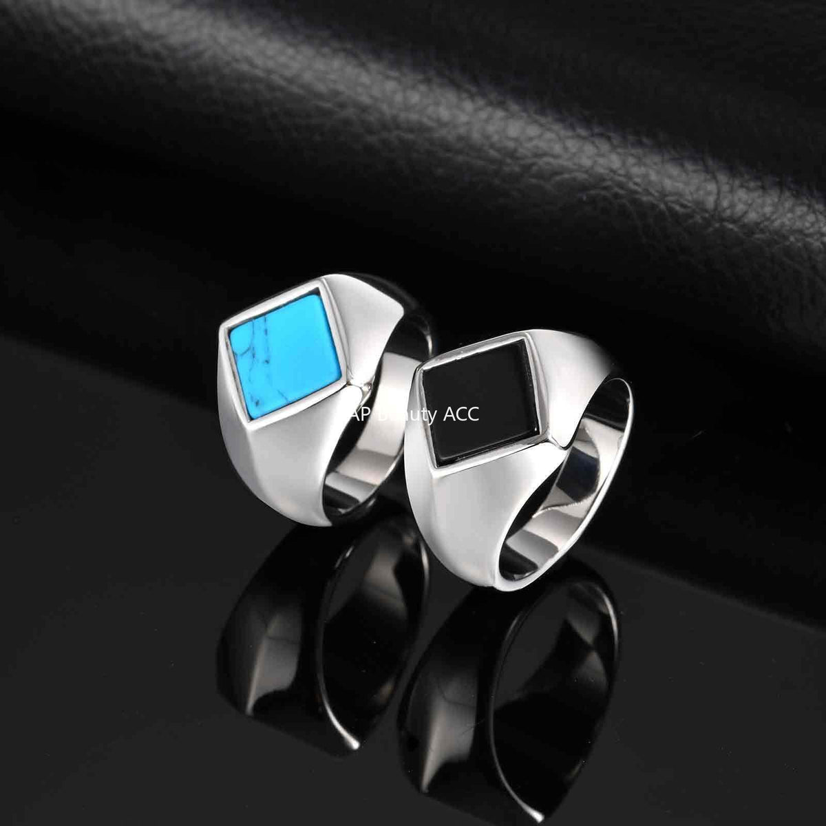 G廠-不鏽鋼男士個性街頭鬆弛菱形綠松石黑瑪瑙度假穿搭戒指鋼色「RC-967」25.10-5
