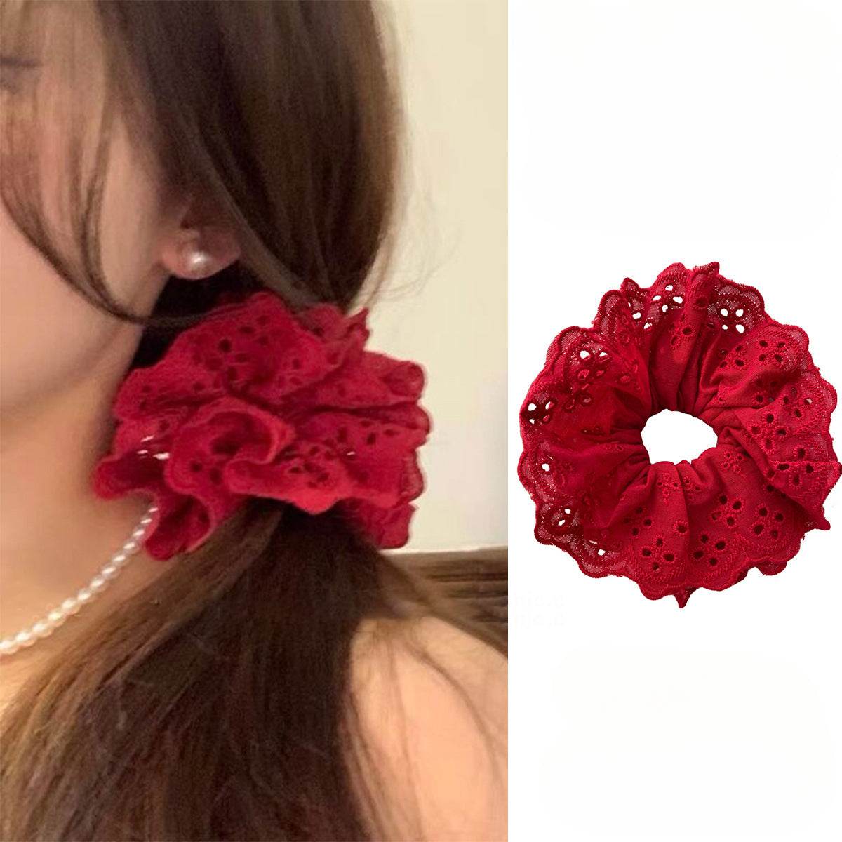 E廠-趙露思同款白色紅色蕾絲大腸髮圈女韓系高級感頭繩頭花髮飾頭飾「27091」25.06-3