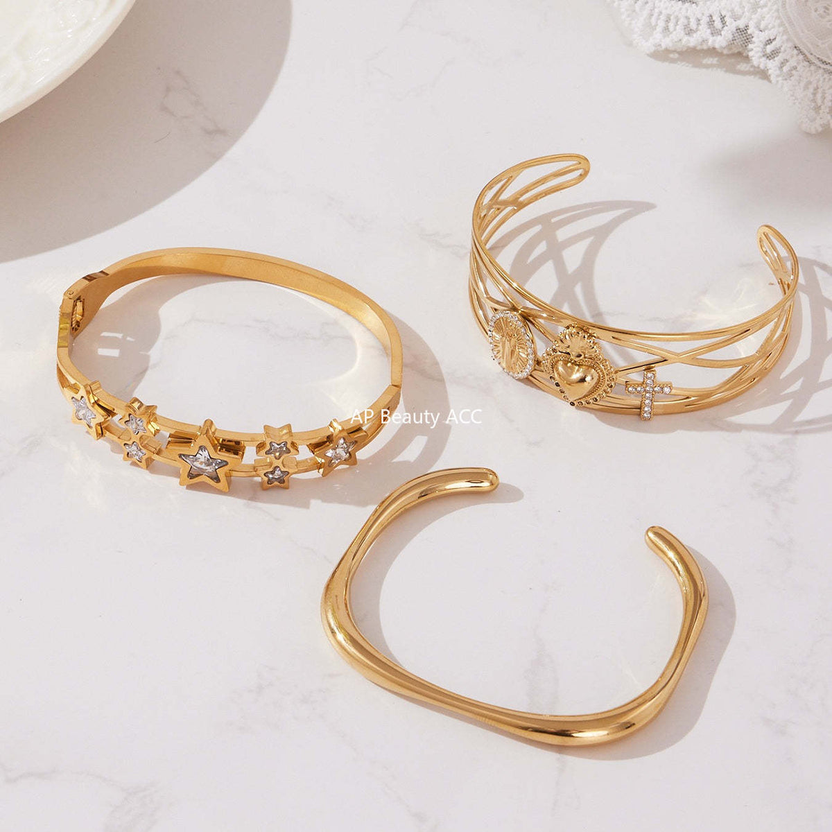 B廠-超閃5A鋯石五角星彈簧卡扣手鐲不鏽鋼材質鍍18k真金不掉色「Z500-Z501-Z502」25.10-5