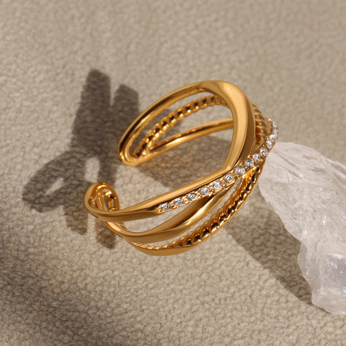 B廠-5A鋯石超細三層戒指不鏽鋼真空電鍍18K真金開口可調節飾品「A035-A043」25.04-4