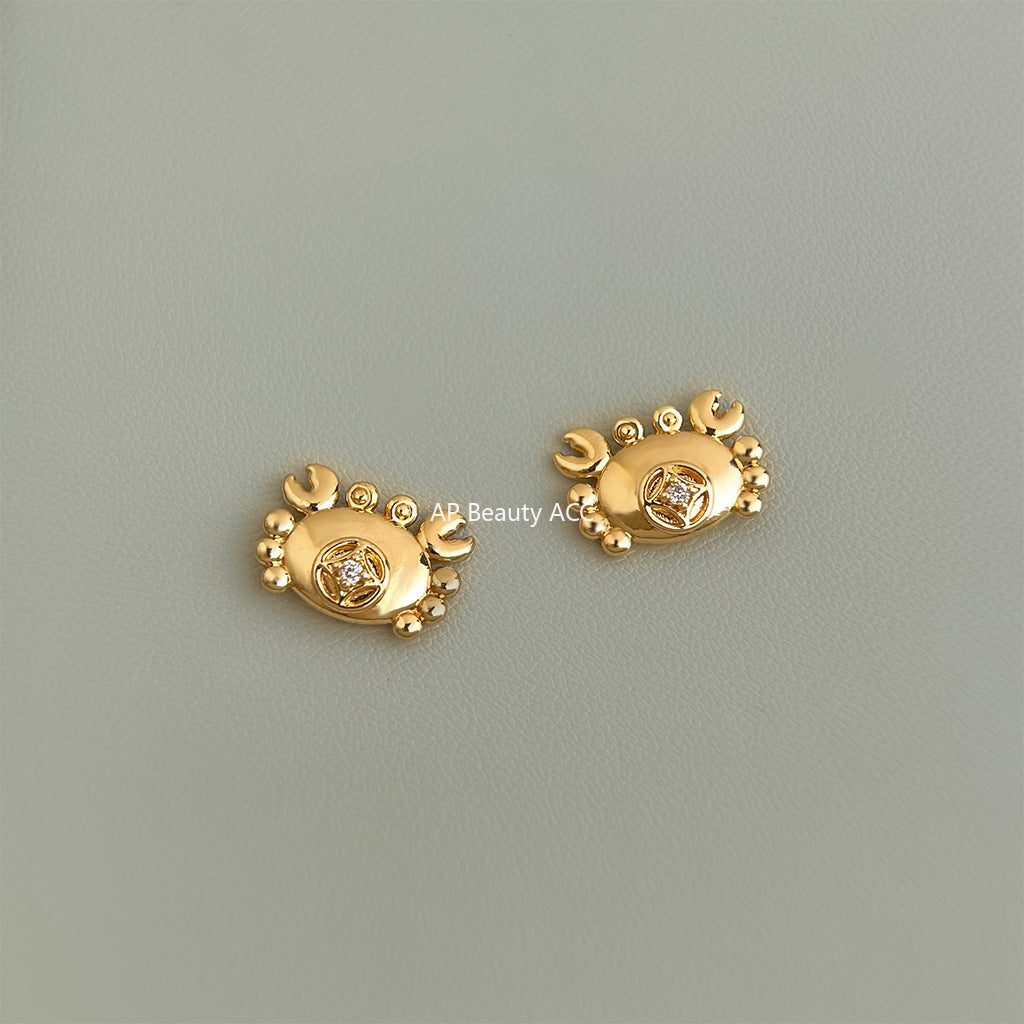 A廠-元寶蟹~原始設計微鑲鋯石925銀針鍍14K簡約時尚通勤新耳飾 耳釘「6903」25.10-3