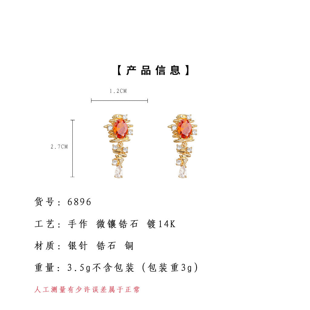 A廠-原創設計時尚高級感秋冬橘紅鋯石文藝復古耳飾S925銀針耳環「6896」25.10-2