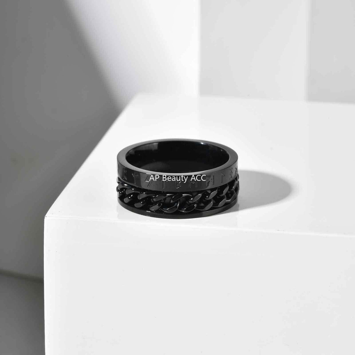 G廠-歐美時尚新款不鏽鋼維京盧恩文鏈條可轉動戒指金色「R-651」25.10-5