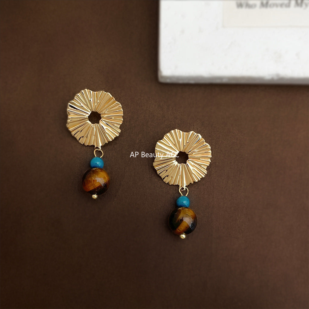 A廠-文藝復古時尚高級感天然石虎眼石小眾設計個性新款耳環「6873」25.10-1