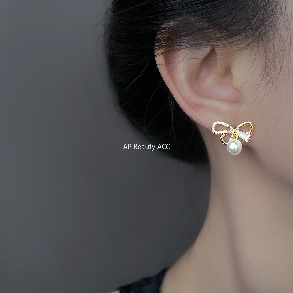 A廠-原廠微鑲鋯石925銀針鍍14K簡約時尚高級感通勤新款蝴蝶結耳飾耳釘「6908」25.10-2