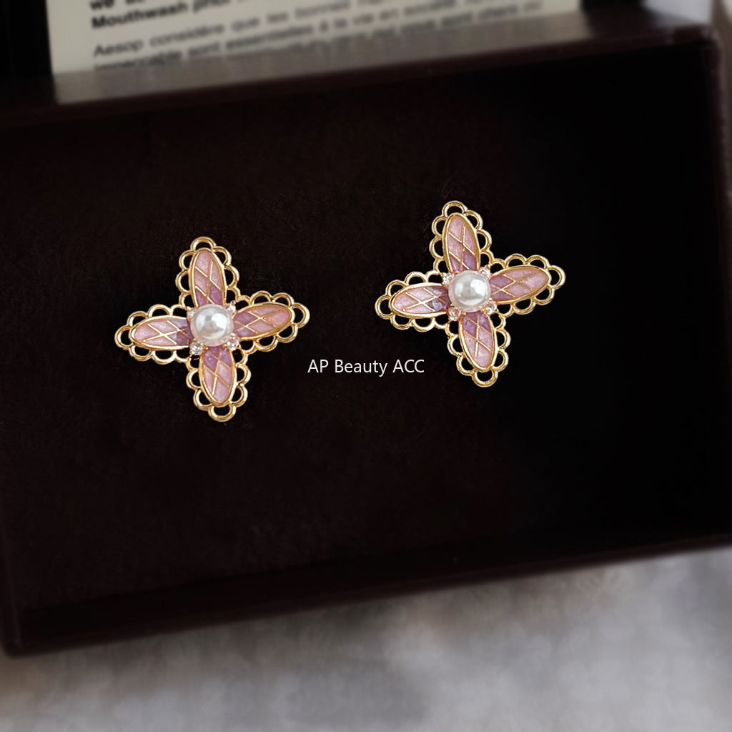 A廠-洛麗塔 原創少女心漸變色925銀針微鑲鋯石彩繪粉色蕾絲花耳釘「6864」25.10-1