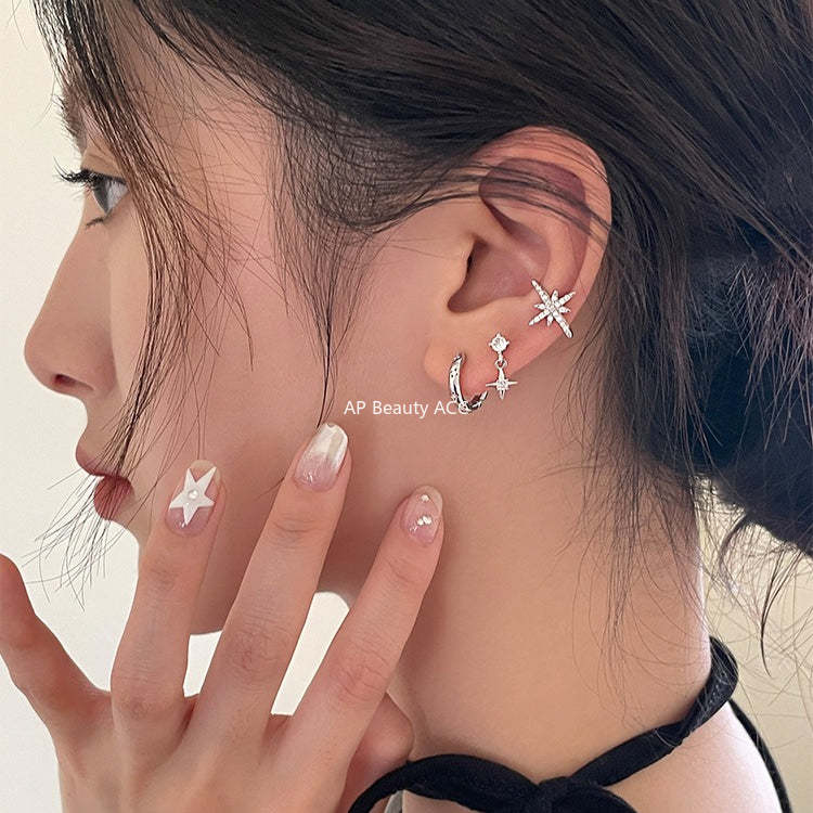 C廠-925銀針四芒星耳環女小眾設計百搭鋯石耳圈高級感個性疊戴風耳飾「EH-3972」25.10-5