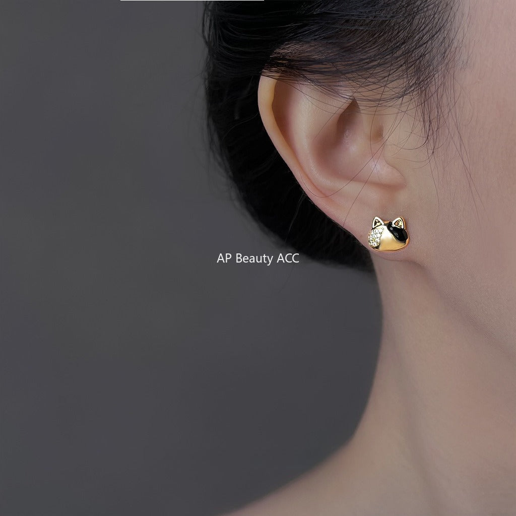 A廠-原始設計不對稱微鑲鋯石925銀針鍍14K小魚與貓咪耳環可愛清新耳飾「6931」25.10-3