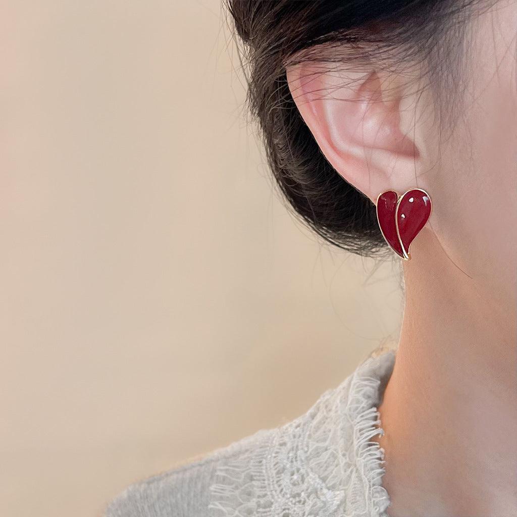 A廠-安可拉紅琺瑯滴釉鍍14K酒紅色愛心耳環925銀針港風耳飾工廠飾品女「4963」24.10-4