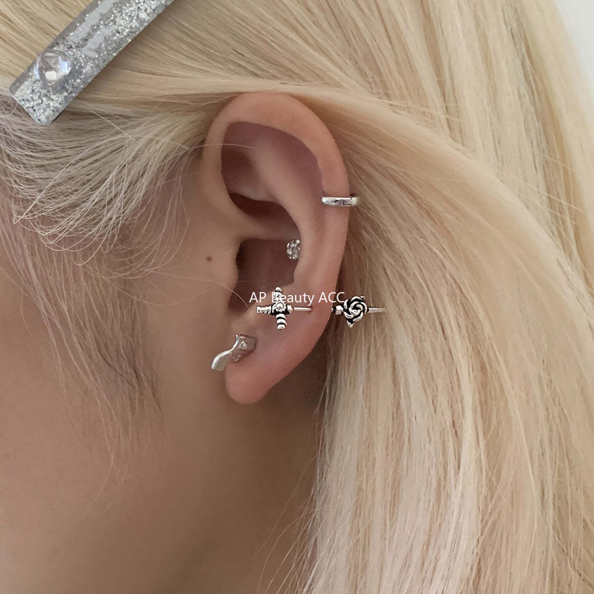 C廠-獨特冷淡風小手槍銀針耳釘女甜酷高級感玫瑰花十字架耳骨釘新耳飾「EH-4190」25.10-5