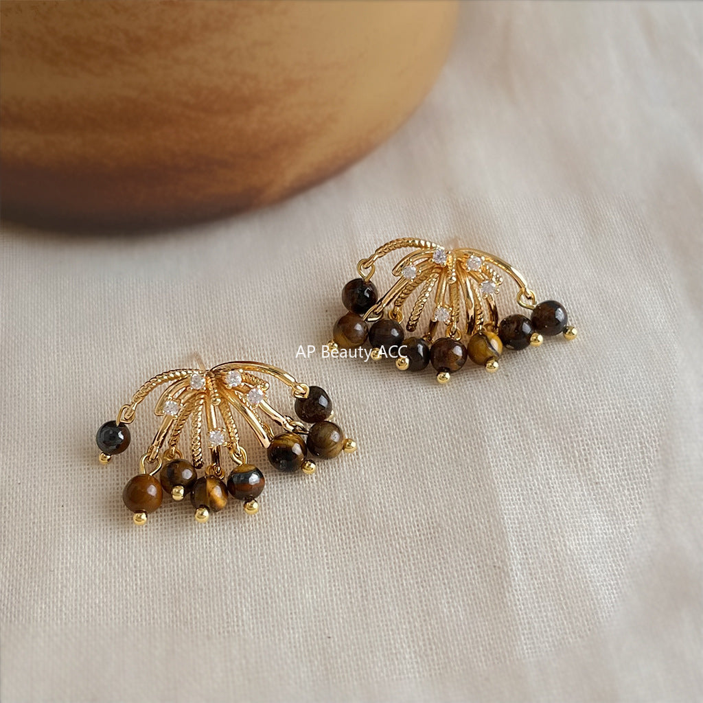 A廠-美拉德風虎眼石微鑲鋯石925銀針煙火流蘇天然石耳飾工廠耳環 飾品「6906」25.10-2