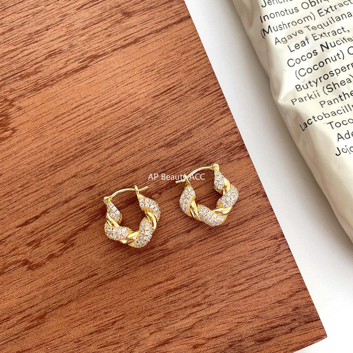 C廠-法式慵懶風銀針鋯石耳環女小眾高級感氣質百搭牛角包耳扣精緻耳飾「EH-4116」25.10-5