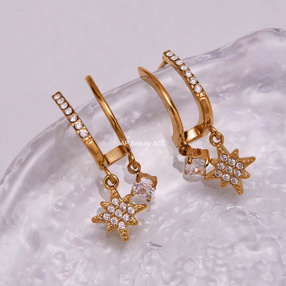 B廠-不鏽鋼5A鋯石雙層爪鑽超閃八芒星吊墜耳環跨境氣質百搭耳飾「F1327」25.10-5