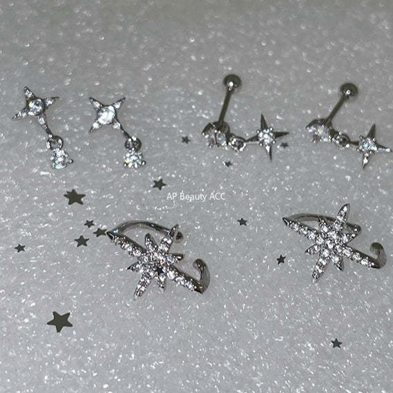 C廠-925銀針四芒星耳環女小眾設計百搭鋯石耳圈高級感個性疊戴風耳飾「EH-3972」25.10-5