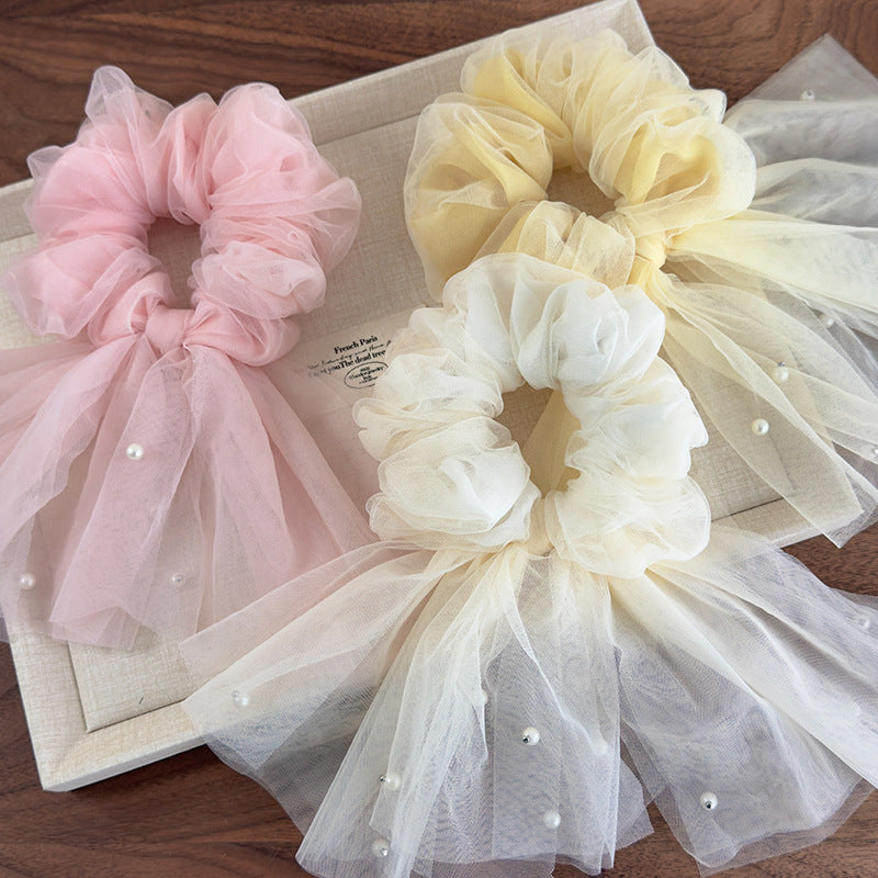 E廠-仙飄逸春夏新款韓國網紗釘珍珠魚尾飄帶大腸圈髮圈甜美馬尾頭繩「26885」25.05-1