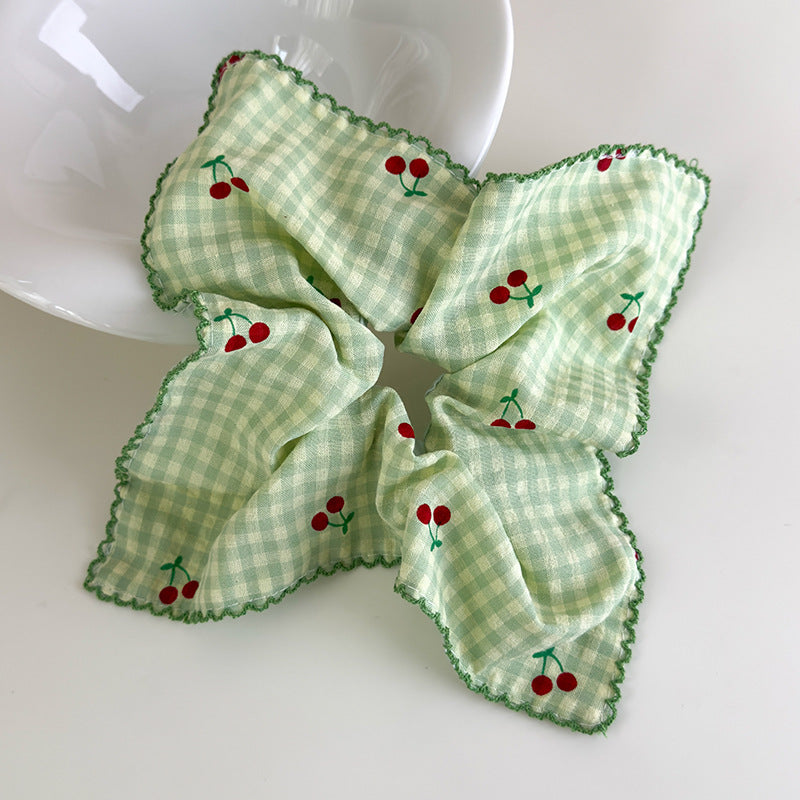 E廠-甜美韓國格子櫻桃方巾大腸髮圈女方形紮頭髮低馬尾髮繩頭繩髮飾品「27018」25.05-5