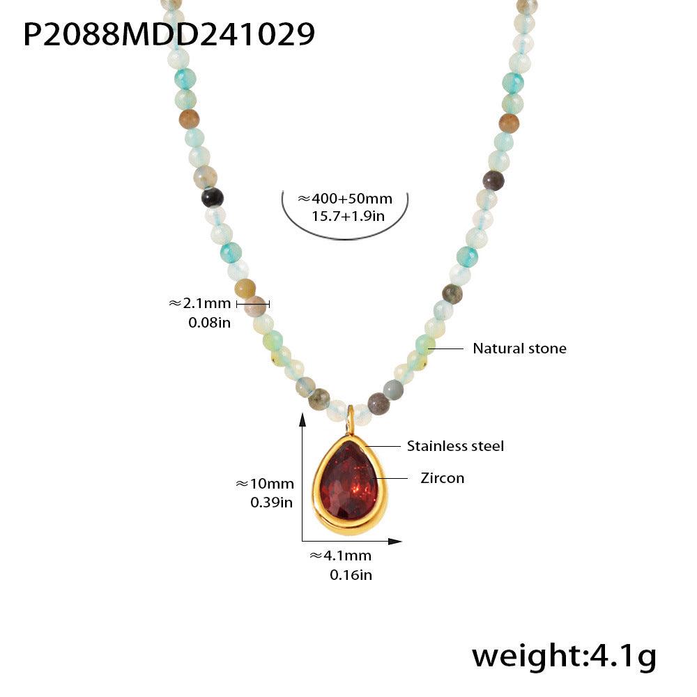 B廠-天然石串珠水滴鋯石吊墜項鍊小清新氣質頸鏈choker簡約飾品「P2088」24.11-1