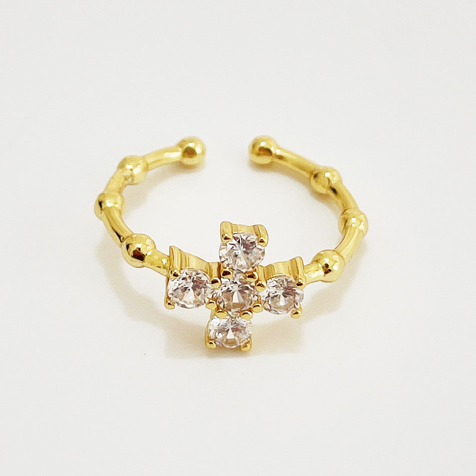 F廠-韓國韓版 925純銀白鑽十字架戒金色戒簡約百搭INS網紅小眾戒指「J940」25.06-2