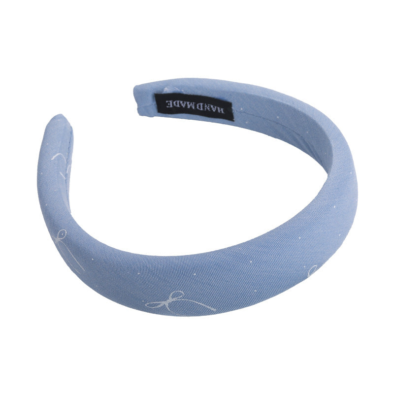 E廠-海鹽藍色系~法式蝴蝶結印花布藝寬邊髮箍清爽百搭高顱頂海綿頭箍「27043」25.06-1