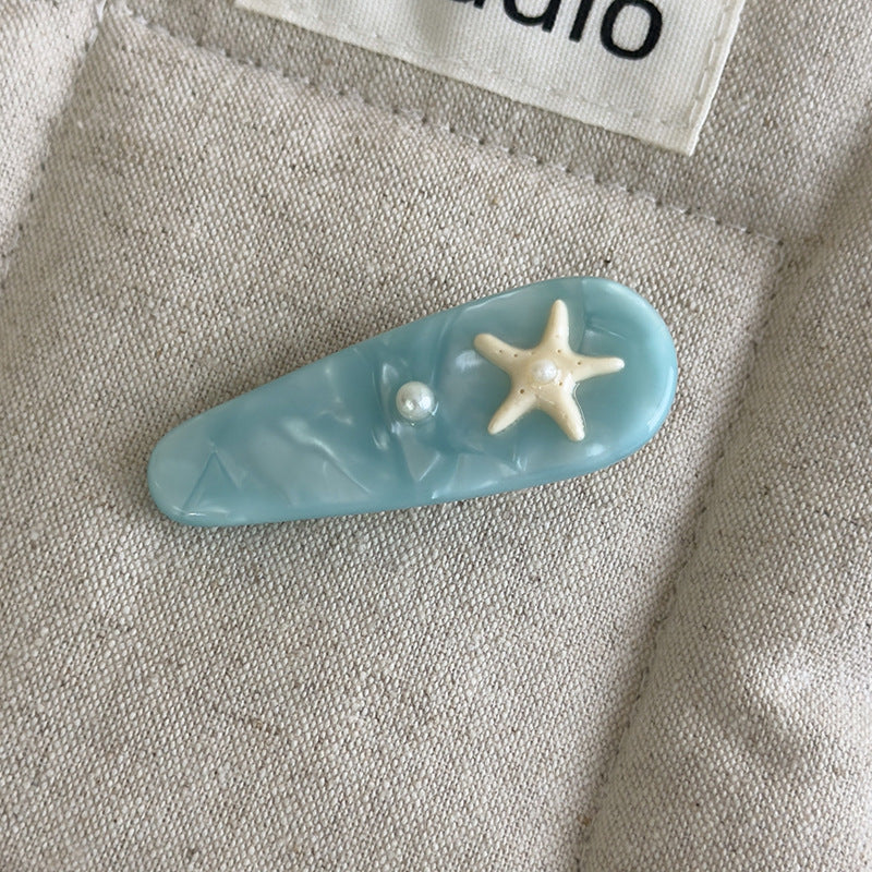 E廠-海藍色貝殼海星醋酸高級感邊夾化妝夾可愛度假風髮夾瀏海夾碎髮夾「27068」25.06-2