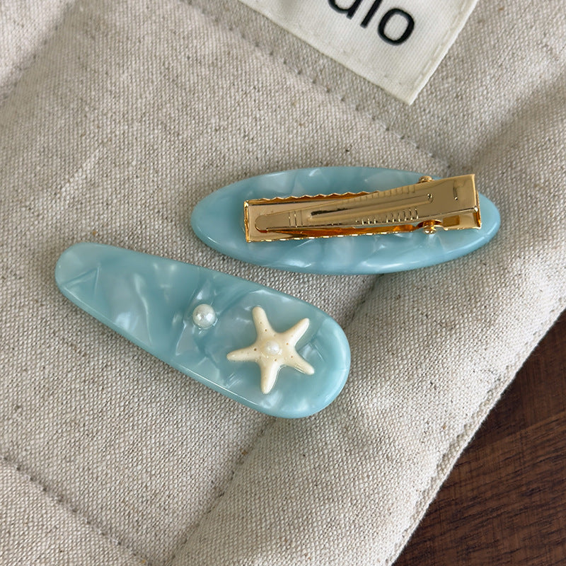 E廠-海藍色貝殼海星醋酸高級感邊夾化妝夾可愛度假風髮夾瀏海夾碎髮夾「27068」25.06-2