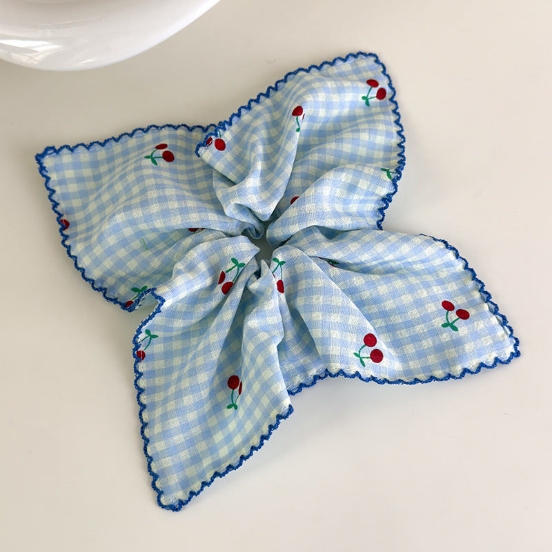 E廠-甜美韓國格子櫻桃方巾大腸髮圈女方形紮頭髮低馬尾髮繩頭繩髮飾品「27018」25.05-5