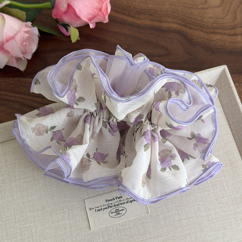 E廠-紫色碎花甜美網紗髮圈輕薄仙氣俏皮碎花大腸圈馬尾髮繩頭花髮飾「27103」25.06-3