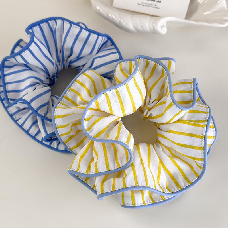 E廠-陽光少女奶黃條紋撞色拷邊腸圈氣質鹽系日韓藍條紋小蠻腰髮圈新款「26753」25.04-1