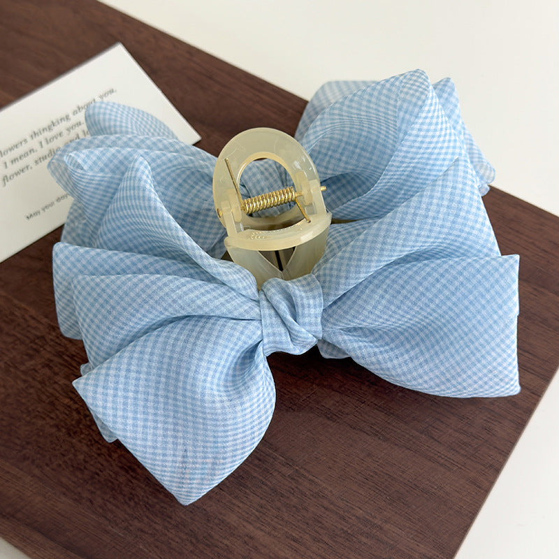 E廠-韓系夏季薄紗藍色細格紋水晶吊墜蝴蝶結抓夾馬尾夾少女百搭鯊魚夾「27108」25.06-4