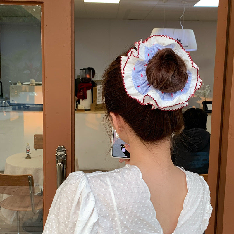 E廠-格子蛋糕~雙層花邊藍格波點髮圈少女丸子頭大腸圈扎馬尾皮筋髮飾「26844D」25.05-1