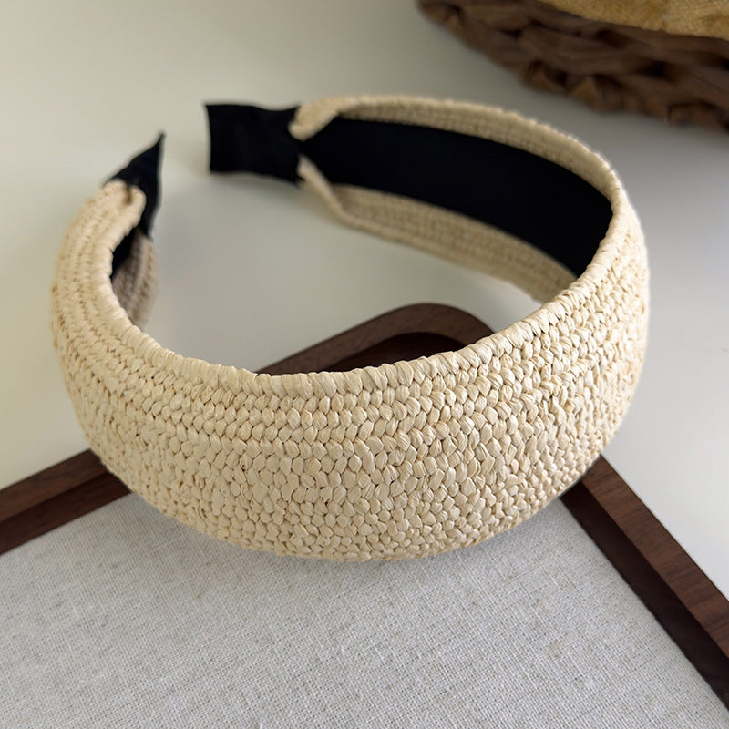 E廠-度假風草編寬邊髮箍女款波西米壓頭箍日常外戴髮捆高顱頂洗臉髮卡「25684」25.06-4